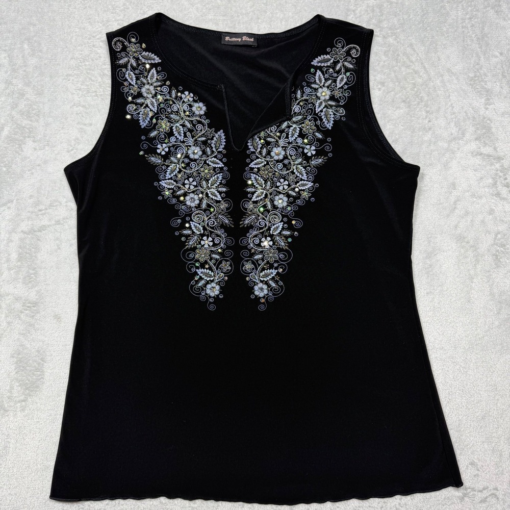 Vintage 90s Black Embroidered Rhinestone V-Neck Tank Top Large Summer Bling Cool